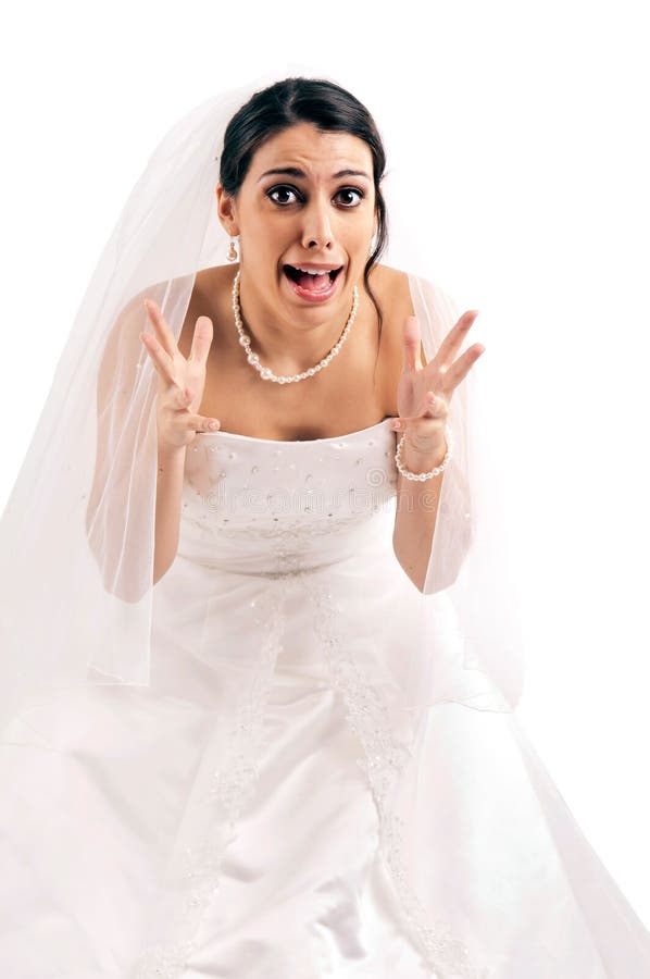 Stressed bride posing isolated in white. Stressed bride posing isolated in white