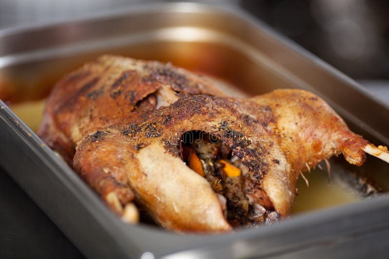 Die gegrillte Türkei im Behälter in der Küche lizenzfreie stockfotos