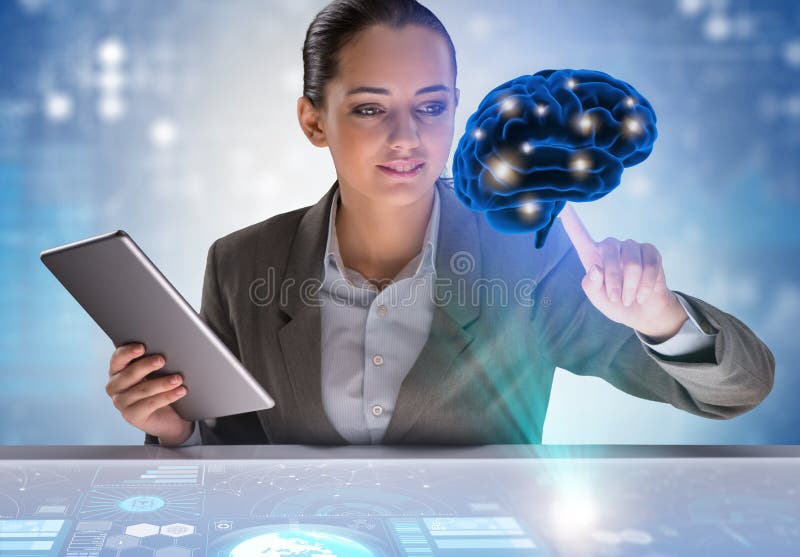 Die Geschäftsfrau im Konzept der künstlichen Intelligenz lizenzfreie stockfotos Die Geschäftsfrau im Konzept der künstlichen Intelligenz lizenzfreie stockfotos