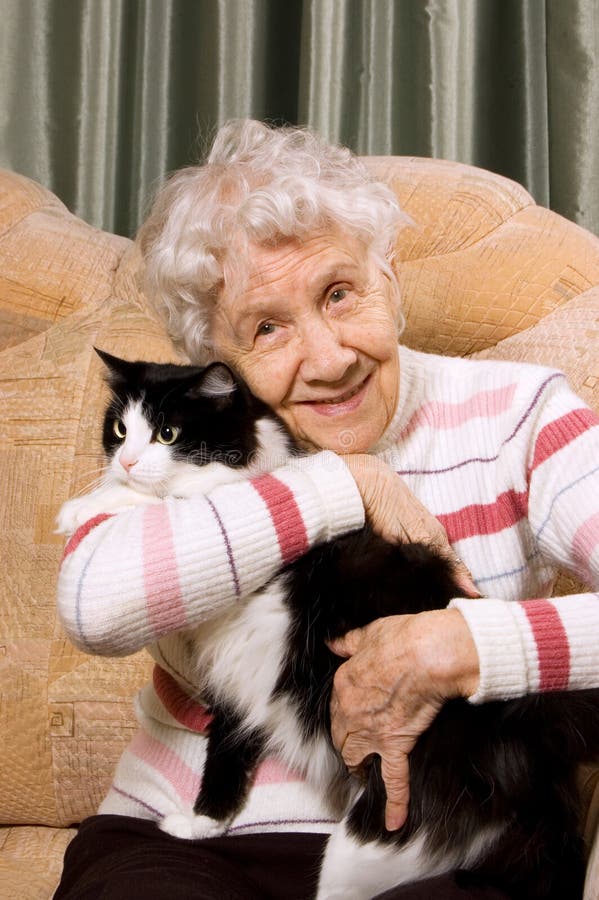 The grandmother with a cat on a sofa at home. The grandmother with a cat on a sofa at home