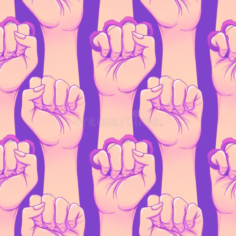 Die Hand der Frau mit den Messingknöcheln Faust oben angehoben Mädchen-Energie F. E. Die Hand der Frau mit den Messingknöcheln Faust oben angehoben Mädchen-Energie Getrennt auf Weiß Realistische Artvektorillustration in rosa und purpurroten Pastell-goth Farben lokalisiert auf Weiß Nahtloser Musterentwurf