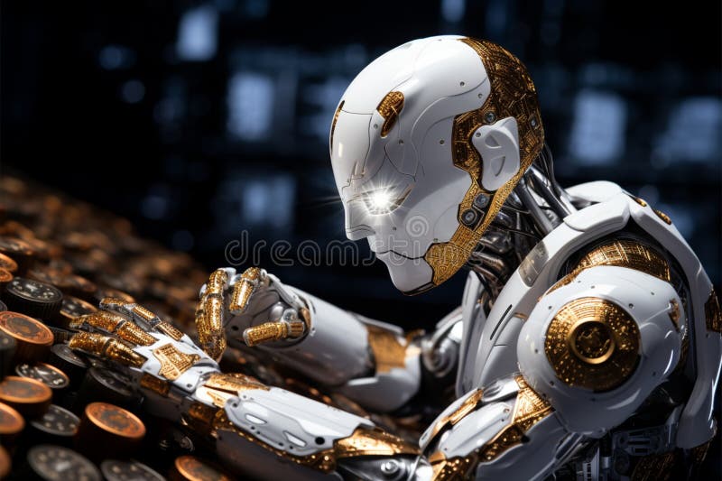 Die Hand der Roboter hält weiße Kryptomünzen, die die Integration digitaler Währungen veranschaulichen lizenzfreie abbildung