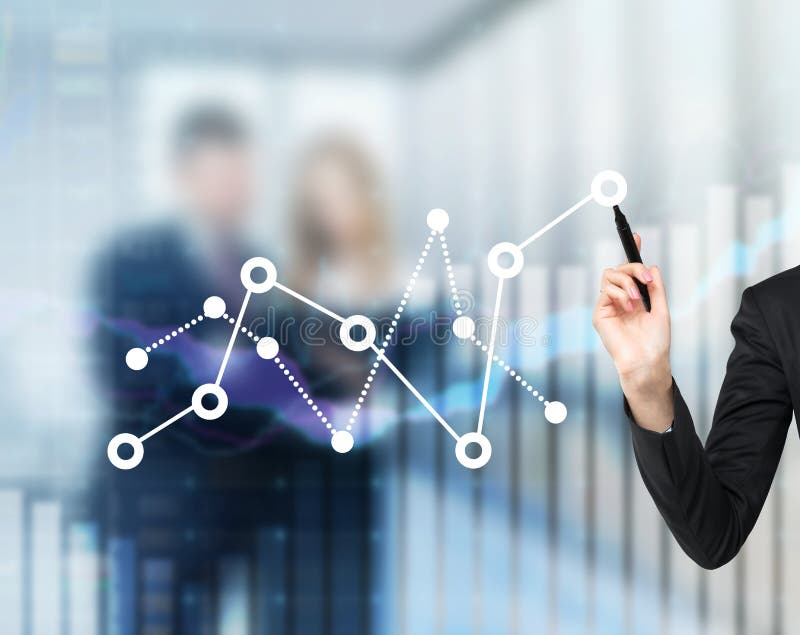 Die Hand einer Frau zeichnet Schwankung des Finanzdiagramms stockfoto Die Hand einer Frau zeichnet Schwankung des Finanzdiagramms stockfoto