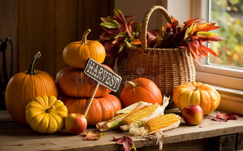 Die Herbst-Ernte umfasst orangefarbene Kürbisse und Gourds mit bunten Blättern in einem saisonalen Stillleben. stock abbildung