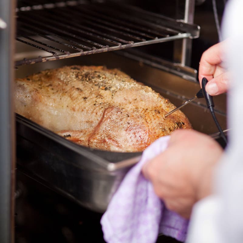 Die Hände des Chefs, die Temperatur von der gegrillten Türkei überprüfen stockbild