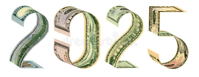The inscription 2025 made of 100, 50, 20, 10 dollar banknotes 3D rendering. Isolated on white. The inscription 2025 made of 100, 50, 20, 10 dollar banknotes 3D rendering. Isolated on white