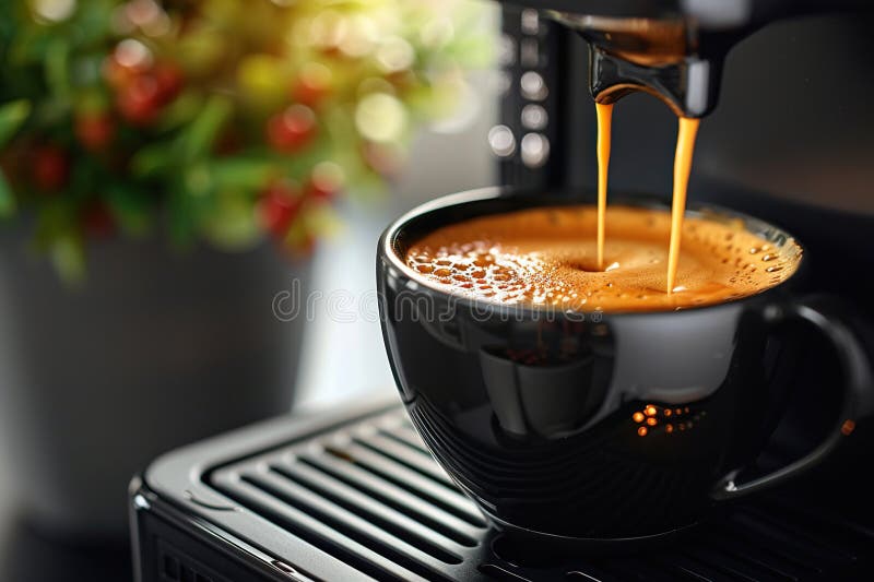 The coffee machine pours coffee into a black cup in a thin stream. Close-up. The coffee machine pours coffee into a black cup in a thin stream. Close-up.