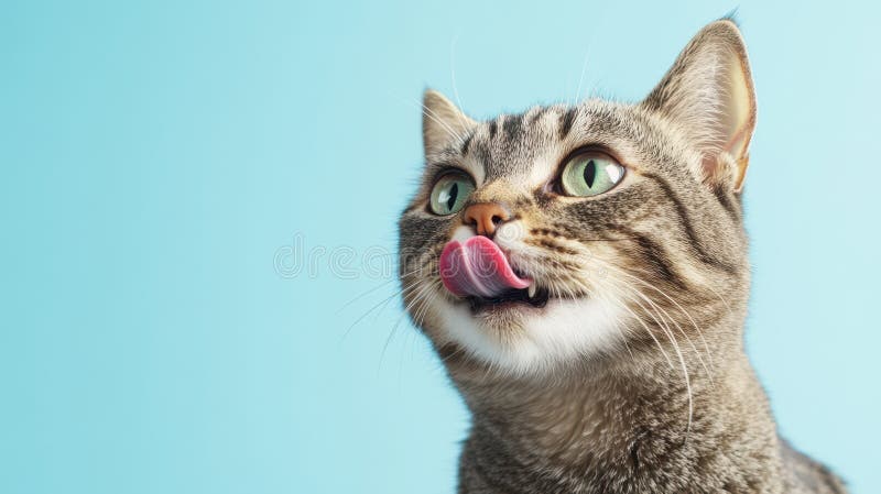 Die Katze mit Zungenausgabe AI generierte Bild. Tabby Katze lecken ihre Nase mit blauem Hintergrund. AI-generiertes Bild.