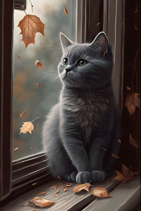 Die Katze Sitzt Im Herbst Auf Dem Fenster. Katze, Die Auf Einen