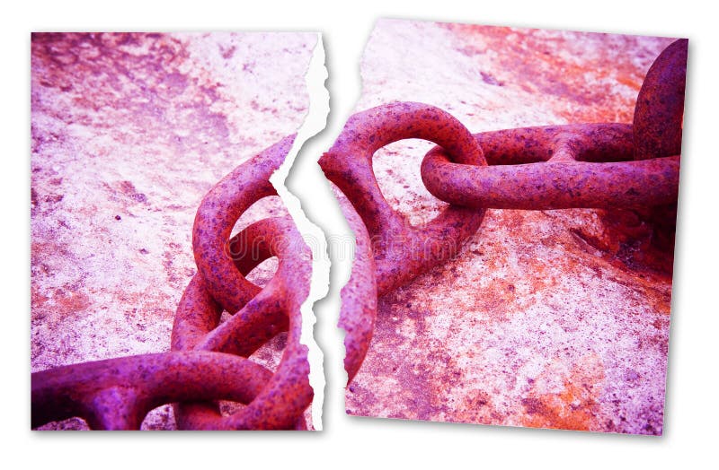Die Ketten brechen - Konzeptbild mit einem zerrissenen Foto einer alten rostigen Metallkette - getontes Bild lizenzfreie abbildung Die Ketten brechen - Konzeptbild mit einem zerrissenen Foto einer alten rostigen Metallkette - getontes Bild lizenzfreie abbildung