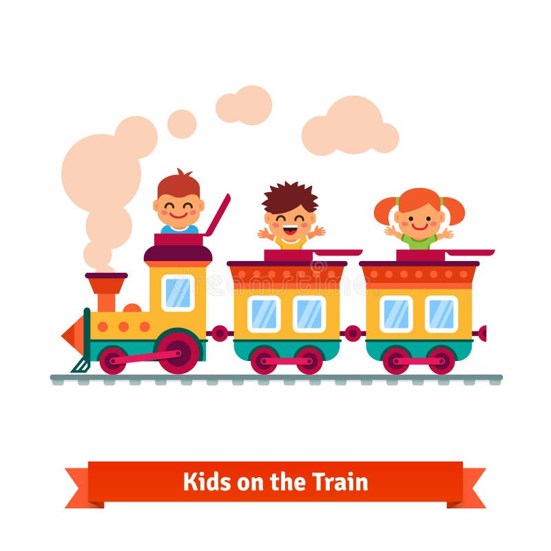 Die Kinder, Jungen und Mädchen, die auf eine Karikatur fahren, bilden aus stock abbildung Die Kinder, Jungen und Mädchen, die auf eine Karikatur fahren, bilden aus stock abbildung
