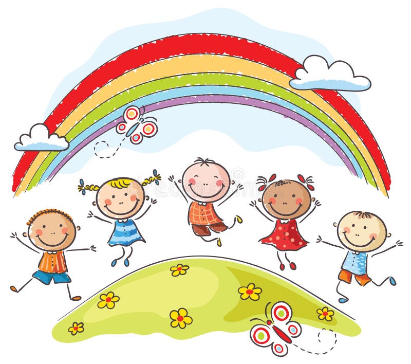 Die Kinder springend mit Freude unter einen Regenbogen