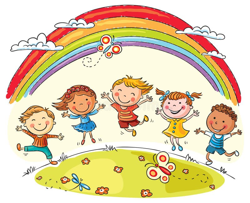 Die Kinder springend mit Freude unter Regenbogen