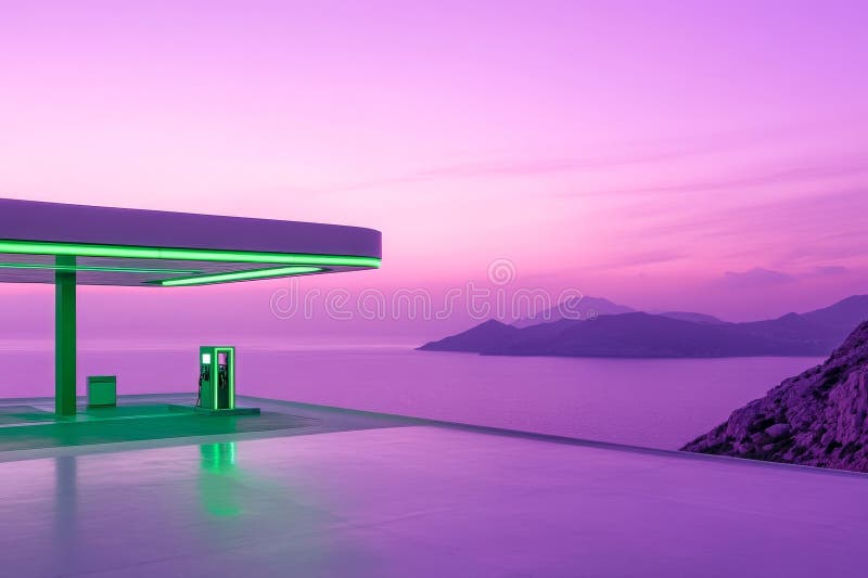 Die Küste beherbergt ein futuristisches Gasthaus mit Neonleuchten bei Sonnenuntergang lizenzfreie stockfotografie