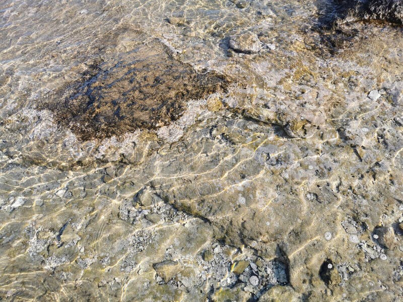 Die Küste des Mittelmeers kristallklares Wasser mit Spiegelungen der Sonnenstrahlen, durch die man den Stein sehen kann lizenzfreie stockbilder