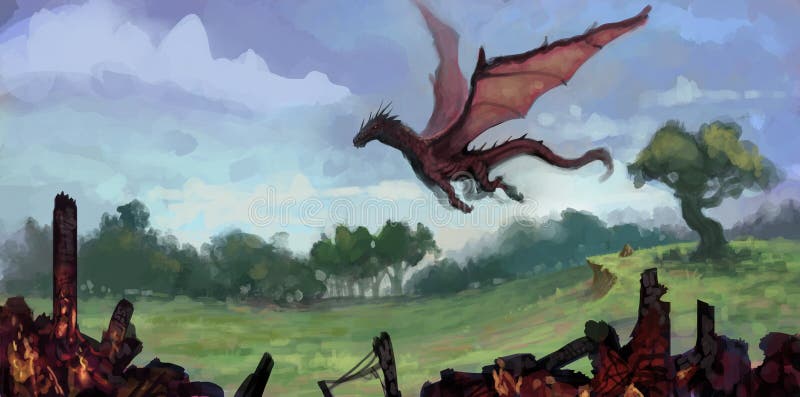 Die Malerei des roten Drachen, der über ein üppiges grünes Feld mit gecharterten Gebäuden fliegt, bleibt im Vordergrund - digital vektor abbildung