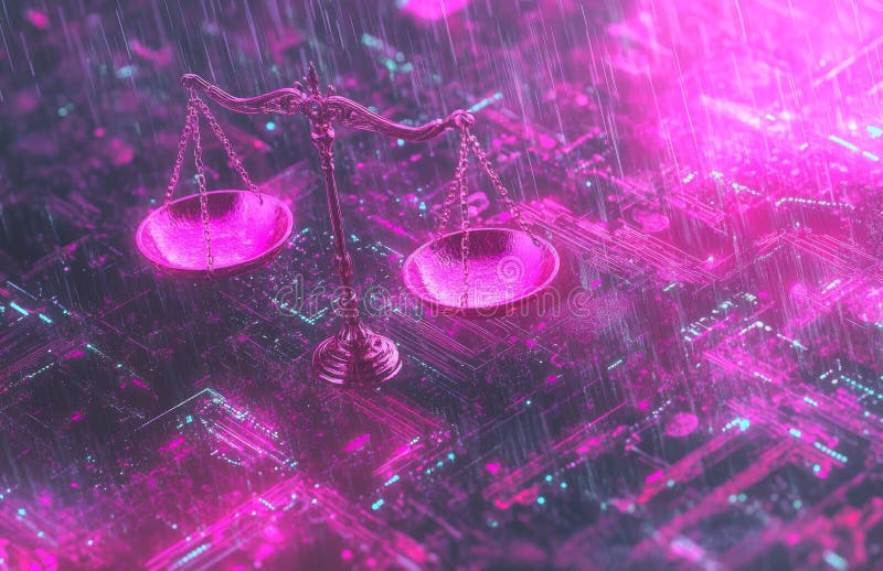 Die Maßstäbe der Gerechtigkeit leuchten auf der Technologieklatte, die die digitale Gerechtigkeit durch die Schnittstelle des Rech lizenzfreie stockfotografie