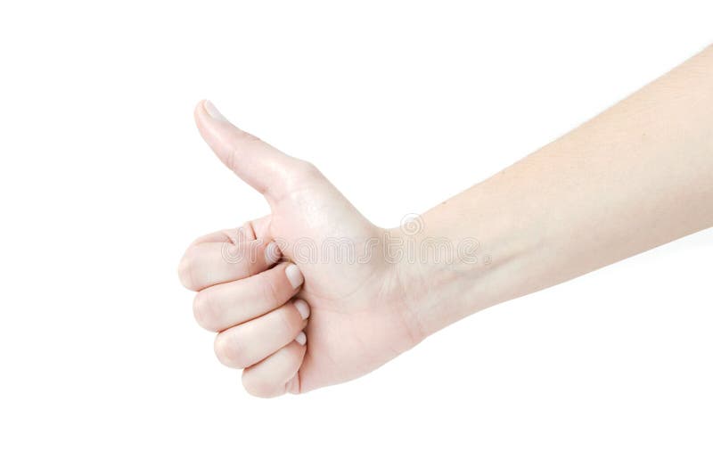 Die Nahaufnahme der weiblichen Hand Daumen zeigend up Zeichen gegen Weiß zurück lizenzfreie stockfotos Die Nahaufnahme der weiblichen Hand Daumen zeigend up Zeichen gegen Weiß zurück lizenzfreie stockfotos