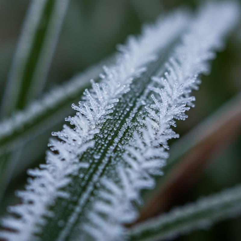 Die Nahe eines grünen Blattes, bedeckt mit komplizierten Harfrostmustern, ähnlich zart lizenzfreie abbildung