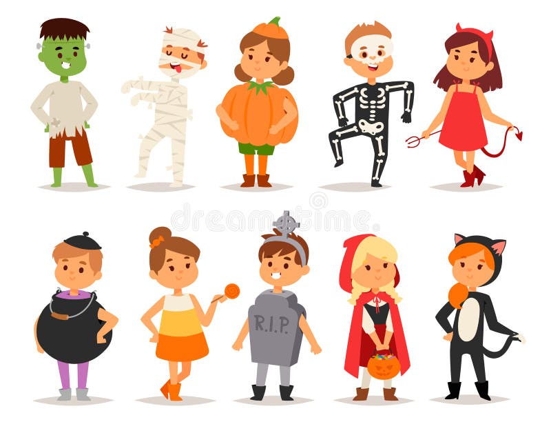 Cute kids wearing Halloween costumes vector. Little people isolated cheerful Halloween kids costume. Childhood fun cartoon . Cute kids wearing Halloween costumes vector. Little people isolated cheerful Halloween kids costume. Childhood fun cartoon .