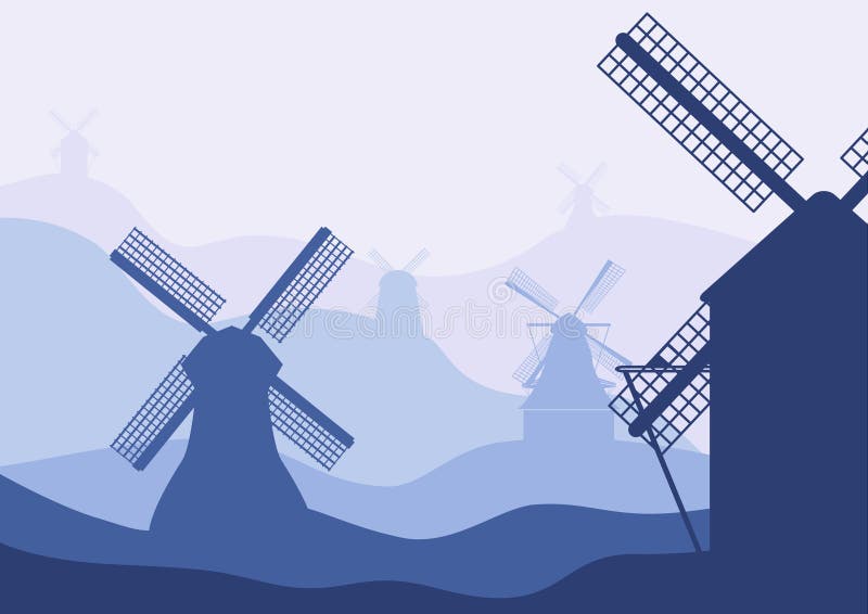 Die Niederlande, Holland Niederländische Mühlschattenbilder auf Landschaftsverblassendem Hügelhintergrund lizenzfreie abbildung Die Niederlande, Holland Niederländische Mühlschattenbilder auf Landschaftsverblassendem Hügelhintergrund lizenzfreie abbildung