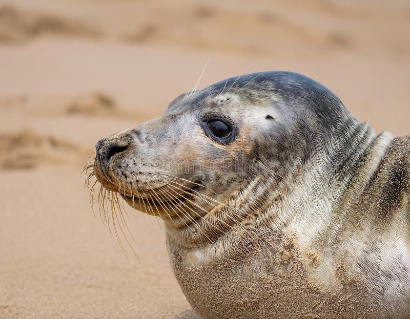 Die Nähe einer grauen Robbe Halichoerus grypus am Strand von Horsey stock abbildung