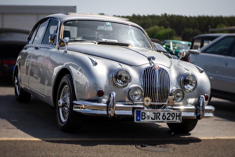 LINTHE, GERMANY - MAY 27, 2023: The mid-size luxury car Jaguar Mark 2. Art lens. Swirl bokeh. Die Oldtimer Show 2023