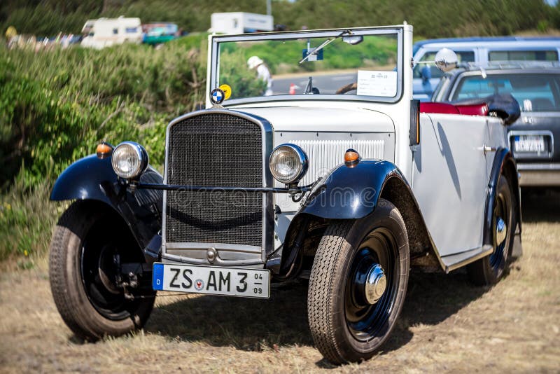 LINTHE, GERMANY - MAY 27, 2023: The city car BMW AM-3, 1933. Art lens. Swirl bokeh. Die Oldtimer Show 2023