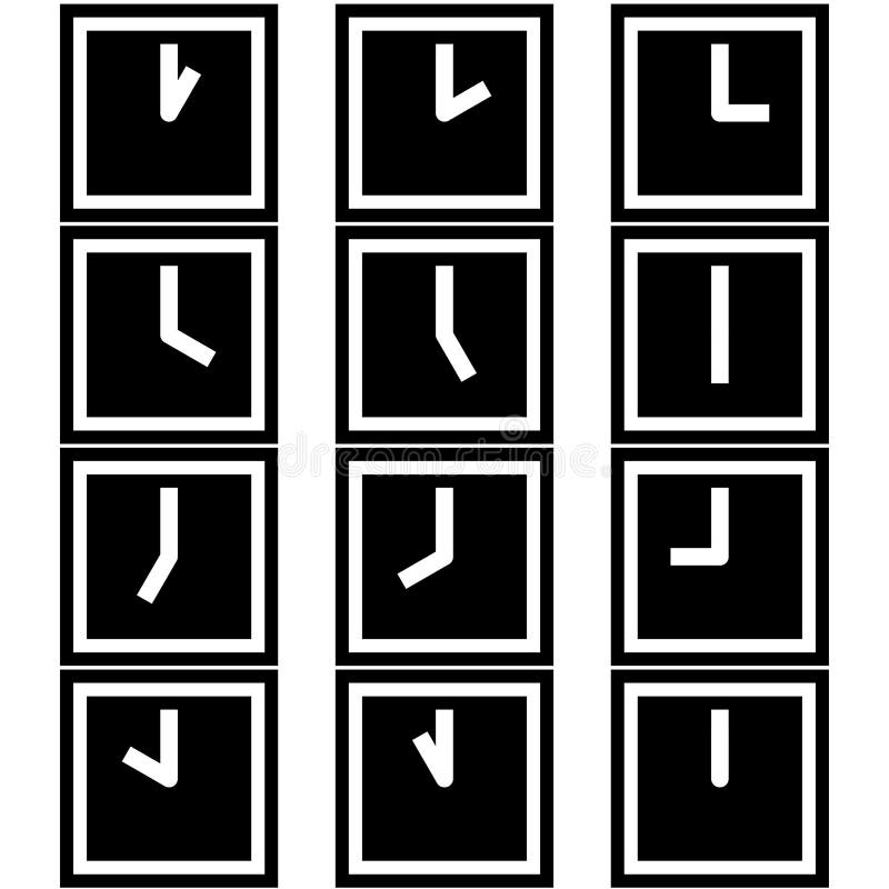 Die quadratischen Uhren, die verschiedene Zeitstunden-Symbolikonen zeigen, unterzeichnet Logos einfacher Schwarzweiss-Farbsatz 2 stock abbildung Die quadratischen Uhren, die verschiedene Zeitstunden-Symbolikonen zeigen, unterzeichnet Logos einfacher Schwarzweiss-Farbsatz 2 stock abbildung