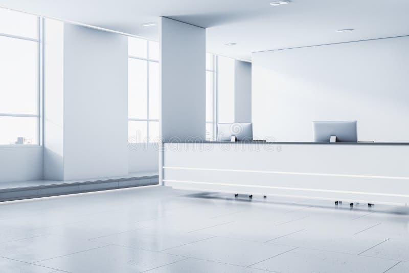 Die Rezeption ist sauber, die Lobby ist weiß und mit einem Schreibtisch und einem Computerfenster mit Blick auf die Stadt und Tage vektor abbildung