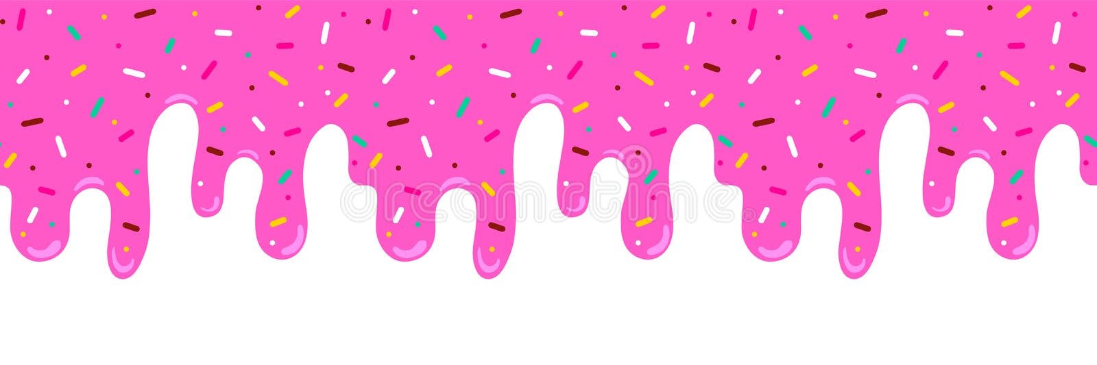 Die rosa Eiscreme, die mit farbenfroher netter Süßigkeiten geschmolzen ist, besprüht lange Grenze, nahtlose Muster der Banner Die rosa Eiscreme, die mit farbenfroher netter Süßigkeiten geschmolzen ist, besprüht lange Grenze, nahtlose Muster der Banner