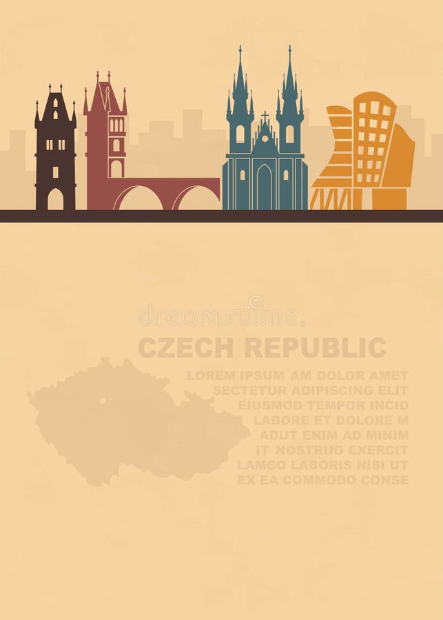 Die Schablone der Broschüren mit einer Karte der Tschechischen Republik und der Architekturanziehungskräfte von Prag stock abbildung Die Schablone der Broschüren mit einer Karte der Tschechischen Republik und der Architekturanziehungskräfte von Prag stock abbildung