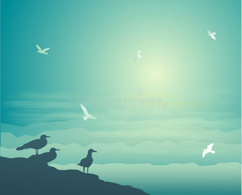 Die Seemöwen, die am frühen Morgen fliegen, Seemöwen nisten, lizenzfreie abbildung Die Seemöwen, die am frühen Morgen fliegen, Seemöwen nisten, lizenzfreie abbildung