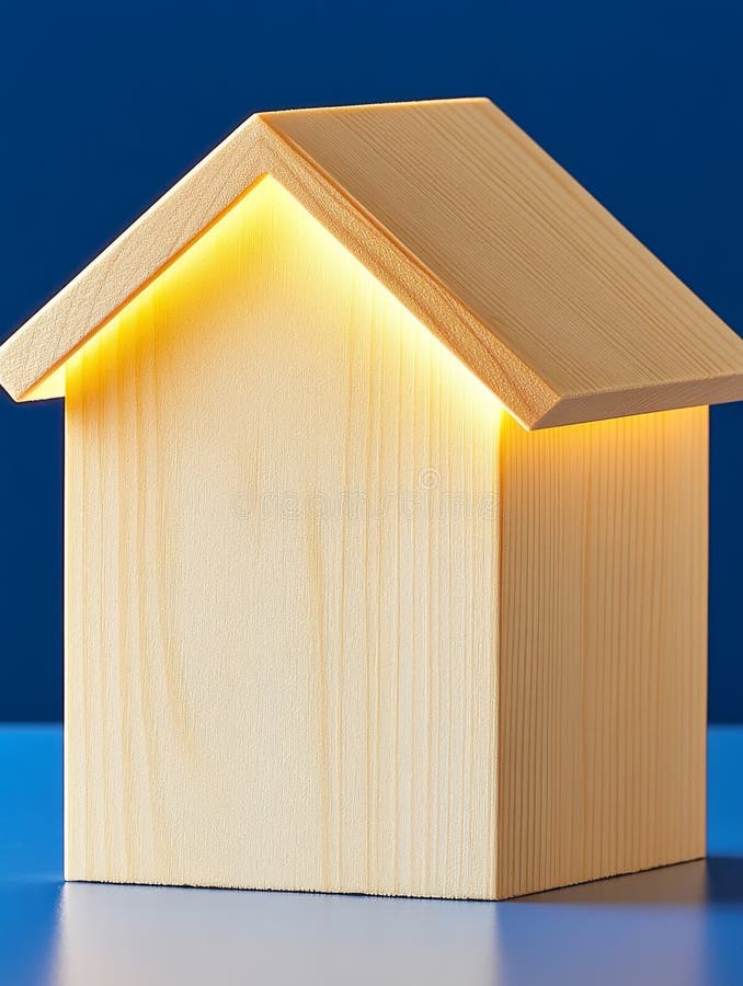 Die stilisierte Ikone eines Holzhauses ist sanft geschmilzt, vor einem verschwommenen und ruhigen Hintergrund lizenzfreies stockfoto