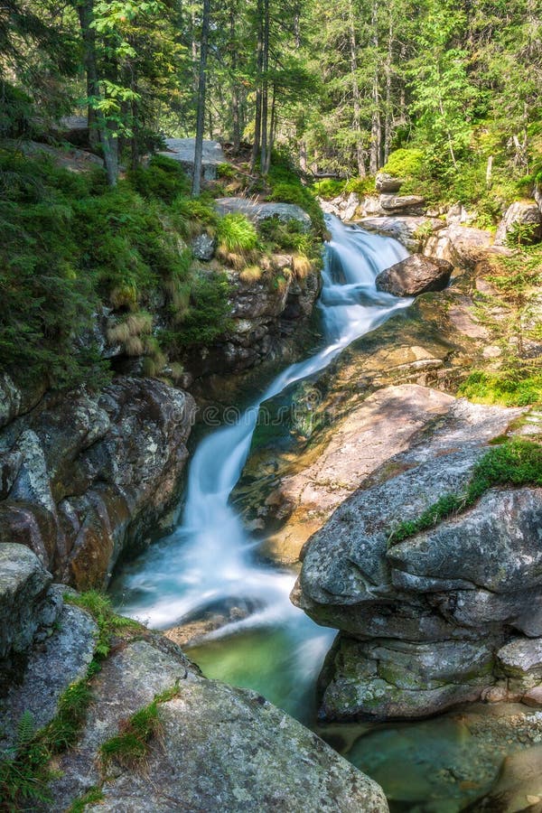Die Studenovodske-Wasserfälle auf einem Strom im Wald stockbild Die Studenovodske-Wasserfälle auf einem Strom im Wald stockbild