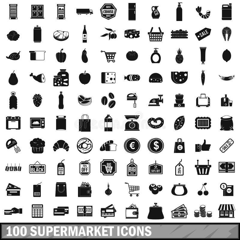 100 die supermarktpictogrammen in eenvoudige stijl worden geplaatst royalty-vrije illustratie 100 die supermarktpictogrammen in eenvoudige stijl worden geplaatst royalty-vrije illustratie