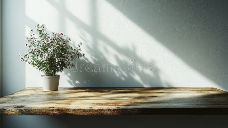 Die Szene befindet sich in einem minimalistischen Haus mit Innenpflanzen in Töpfen, wo natürliches Sonnenlicht Schatten ins Licht lizenzfreie stockfotos