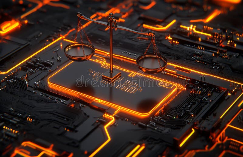 Die technologische Schalttafel wird durch die Maßstäbe der Gerechtigkeit beleuchtet, die die digitale Gerechtigkeit symbolisiert stockfotos