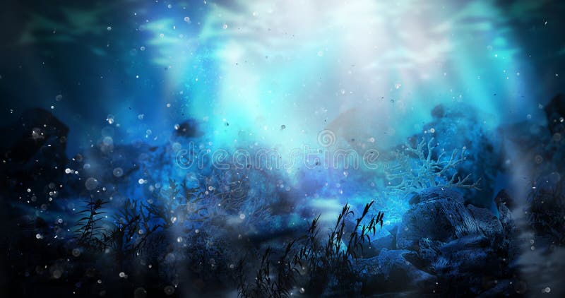 Die Tiefe des Meerwassers, das Unterwasser-worldDepth des Meerwassers, die Unterseite des Meeres. Tiefe des Meerwassers, die Unterseite des Meeres, die Strahlen der Sonne durch das Wasser, die Mädchen ` s Statuette, das Altertum