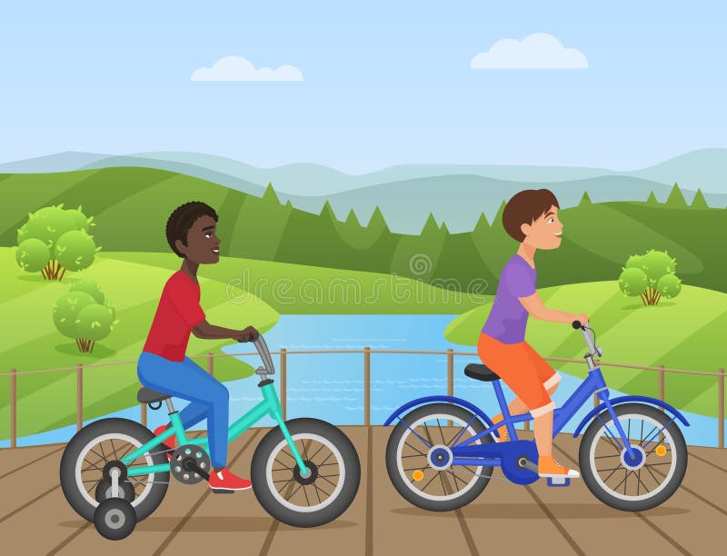 Die weißen und afrikanischen Kinder, die Fahrräder, Kinderreitfahrrad, Kinder auf Fahrrad im Park reiten, vector Illustration lizenzfreie abbildung Die weißen und afrikanischen Kinder, die Fahrräder, Kinderreitfahrrad, Kinder auf Fahrrad im Park reiten, vector Illustration lizenzfreie abbildung