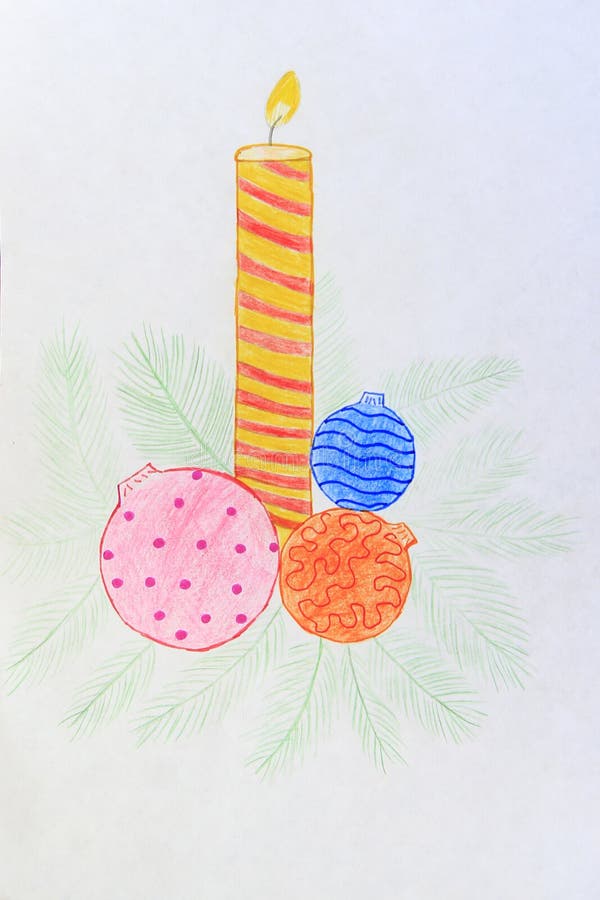 Die zeichnende Kerze der Kinder, die nahe Weihnachtsspielwaren und -niederlassungen brennt lizenzfreies stockfoto Die zeichnende Kerze der Kinder, die nahe Weihnachtsspielwaren und -niederlassungen brennt lizenzfreies stockfoto