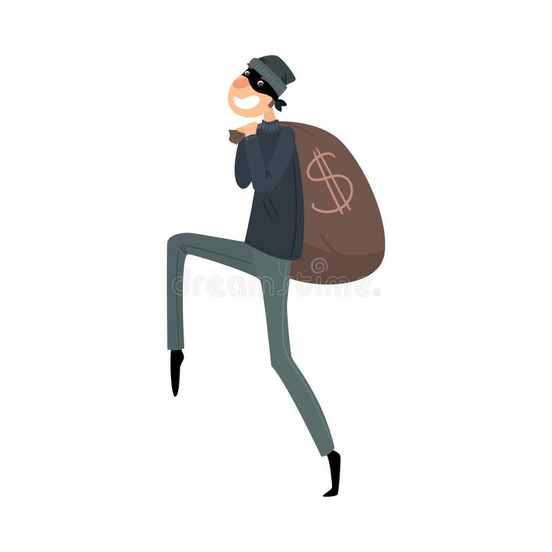 Dieb in Maske und schwarzem Anzug mit einer Tasche Geld schnicken Vector-Illustration in flachem Cartoon-Stil vektor abbildung Dieb in Maske und schwarzem Anzug mit einer Tasche Geld schnicken Vector-Illustration in flachem Cartoon-Stil vektor abbildung