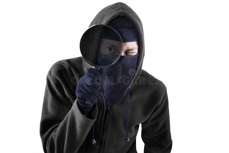 Dieb mit dem Vergrößern lokalisiert lizenzfreies stockbild Dieb mit dem Vergrößern lokalisiert lizenzfreies stockbild