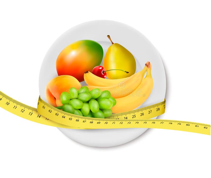 Dieetmaaltijd. Fruit in een plaat met het meten van band. vector illustratie Dieetmaaltijd. Fruit in een plaat met het meten van band. vector illustratie