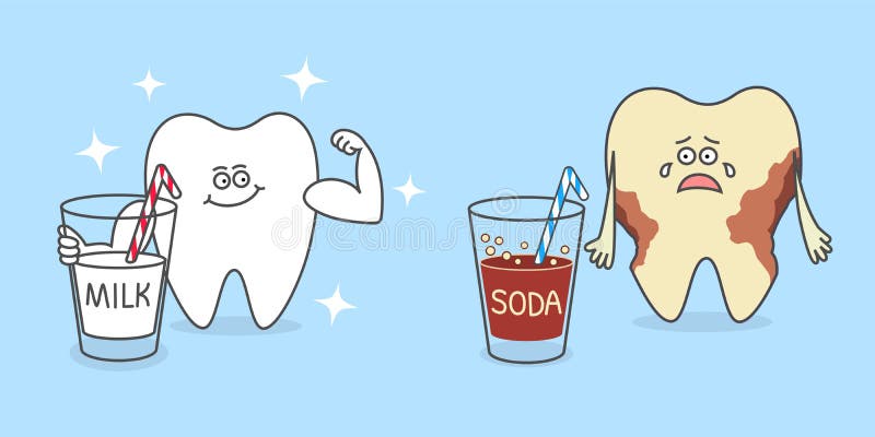 Diente de la historieta con un vidrio de leche y con una soda stock de ilustración Diente de la historieta con un vidrio de leche y con una soda stock de ilustración