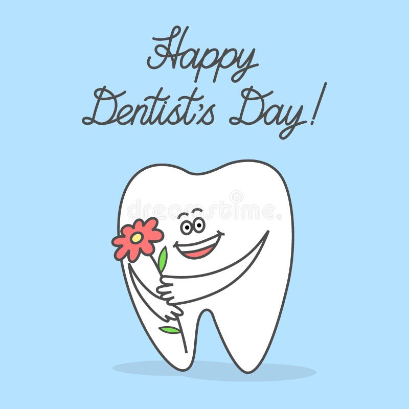 Diente de la historieta que sostiene una flor y que desea el día de un dentista feliz stock de ilustración Diente de la historieta que sostiene una flor y que desea el día de un dentista feliz stock de ilustración
