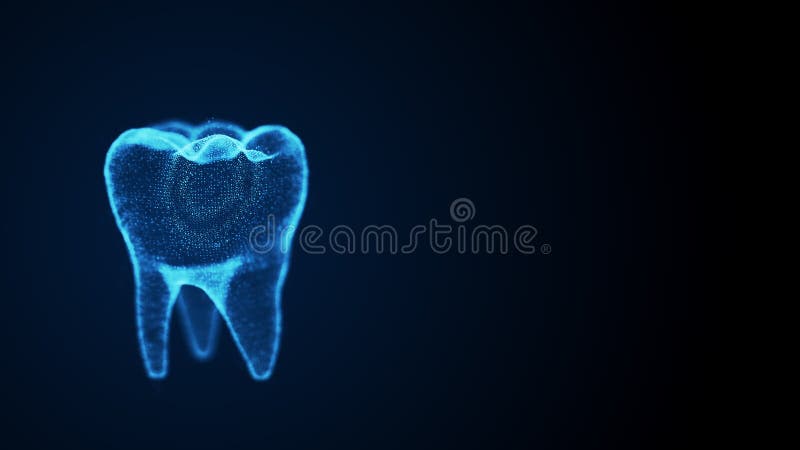 Diente giratorio aislado con puntos brillantes Animación de la ciencia dental Modelo de anatomía dental digital Oral