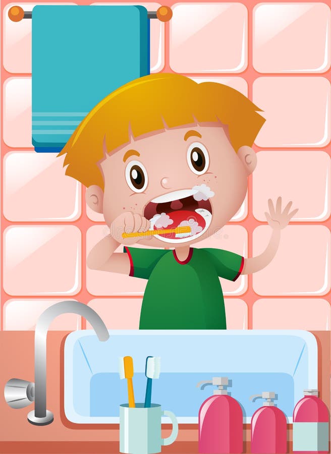 Dientes de cepillado del niño pequeño en cuarto de baño stock de ilustración Dientes de cepillado del niño pequeño en cuarto de baño stock de ilustración