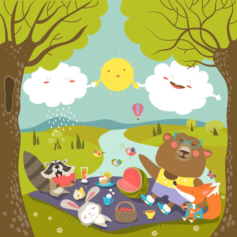 Animals at picnic in forest. Vector illustration. Animals at picnic in forest. Vector illustration