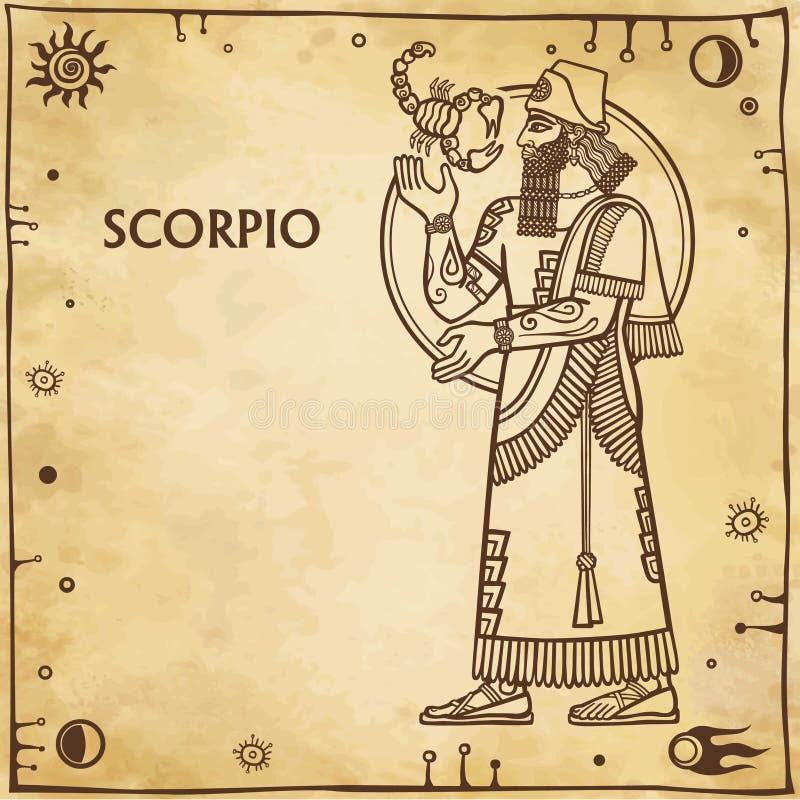 Zodiac sign Scorpio. Drawing based on motives of Sumerian art. Full growth. Background - imitation of old paper, space symbols. The place for the text. Vector illustration. Zodiac sign Scorpio. Drawing based on motives of Sumerian art. Full growth. Background - imitation of old paper, space symbols. The place for the text. Vector illustration.